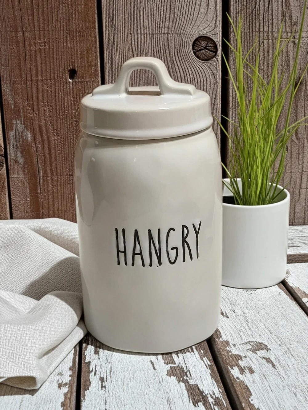 White Ceramic 'HANGRY' Kitchen Canister with Lid